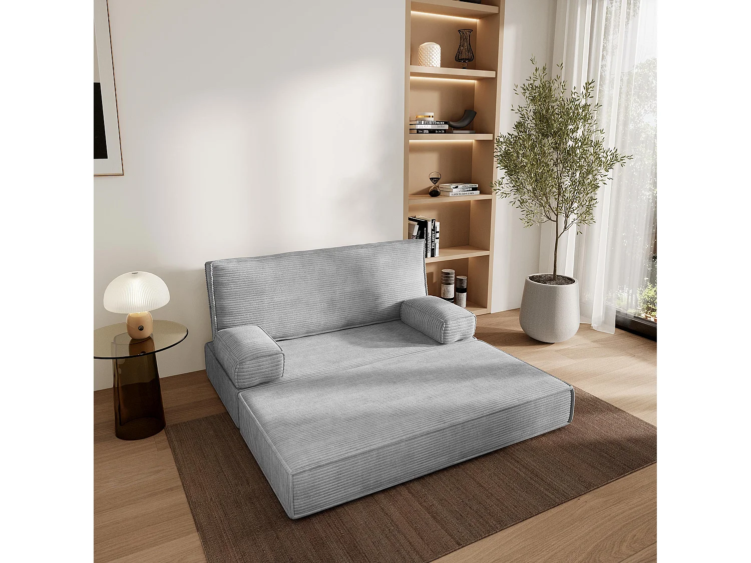 Canapé compressé LADIA sans cadre métallique, Velours côtelé POSO, Gris clair