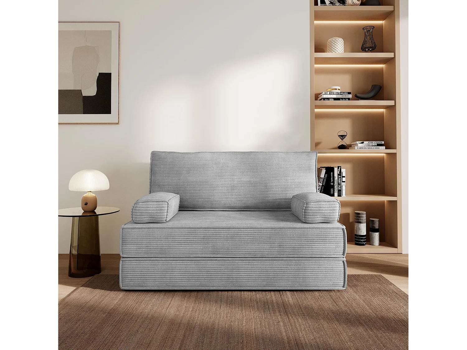 Canapé compressé LADIA sans cadre métallique, Velours côtelé POSO, Gris clair