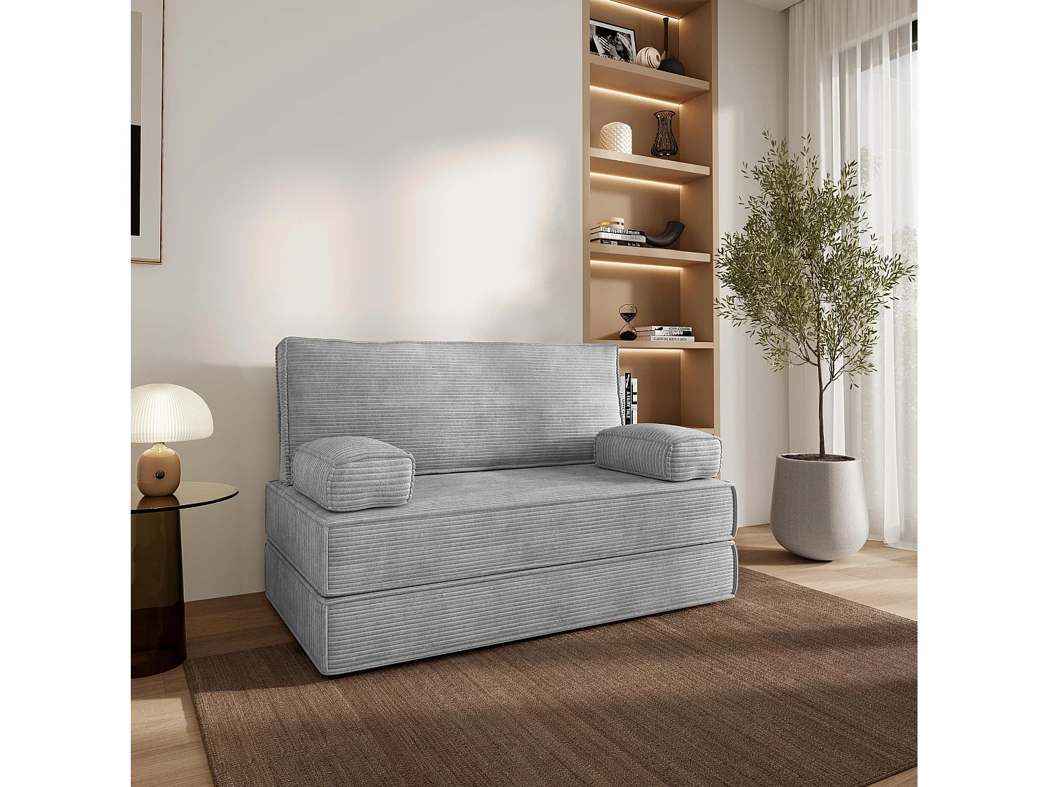Canapé compressé LADIA sans cadre métallique, Velours côtelé POSO, Gris clair