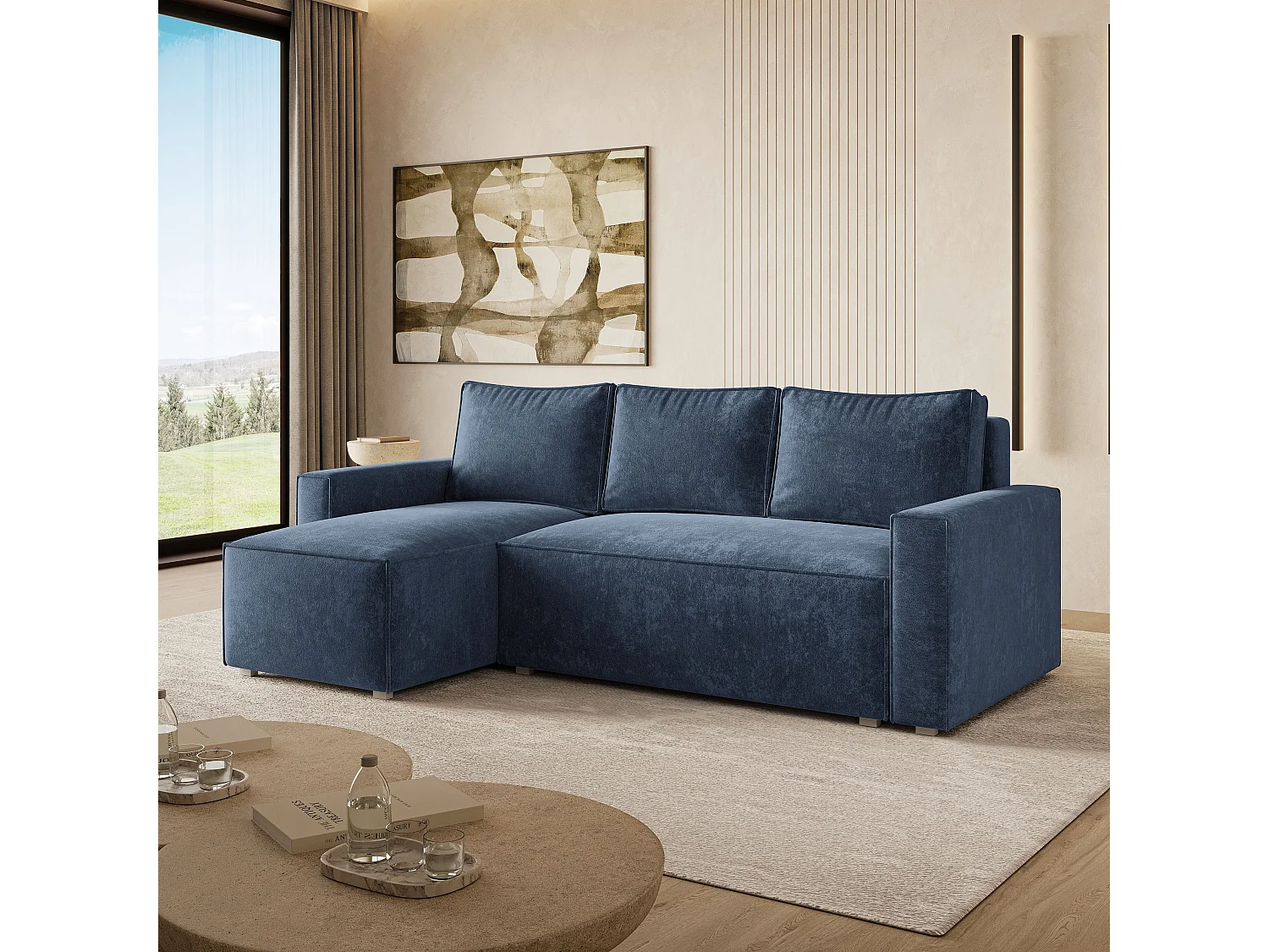Hoekbank POTARO, met slaapfunctie, Chenille Blauw