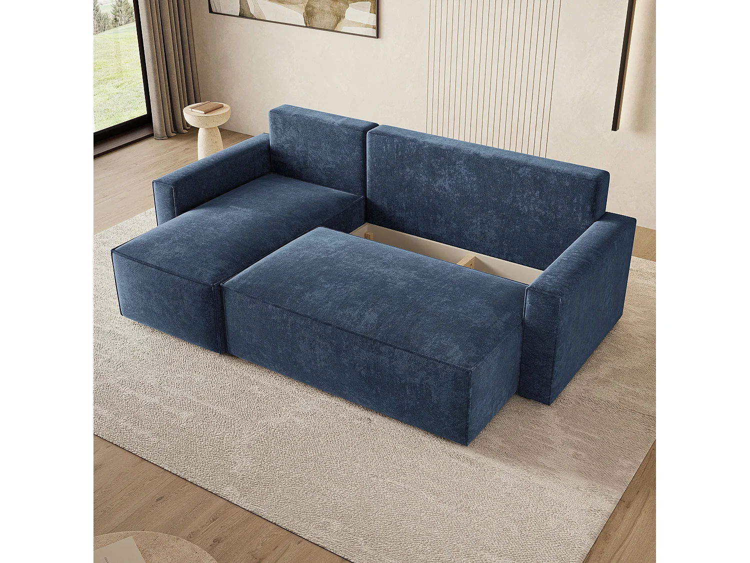 Hoekbank POTARO, met slaapfunctie, Chenille Blauw
