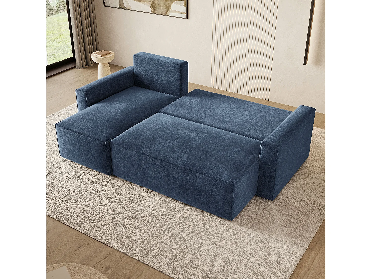 Hoekbank POTARO, met slaapfunctie, Chenille Blauw