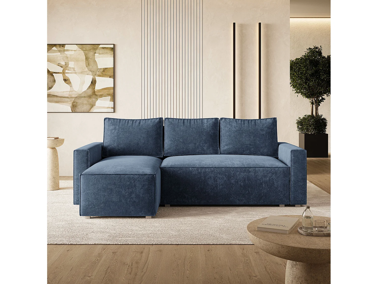 Hoekbank POTARO, met slaapfunctie, Chenille Blauw