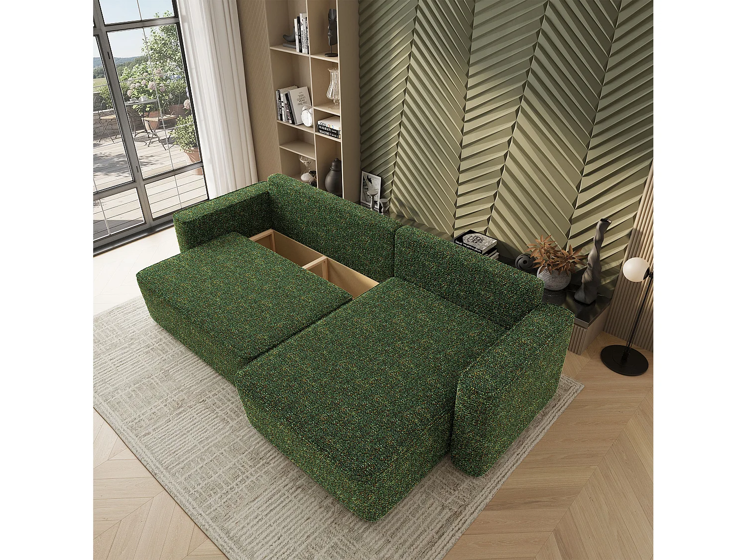 Hoekbank BELARO, met slaapfunctie, Chenille Groen