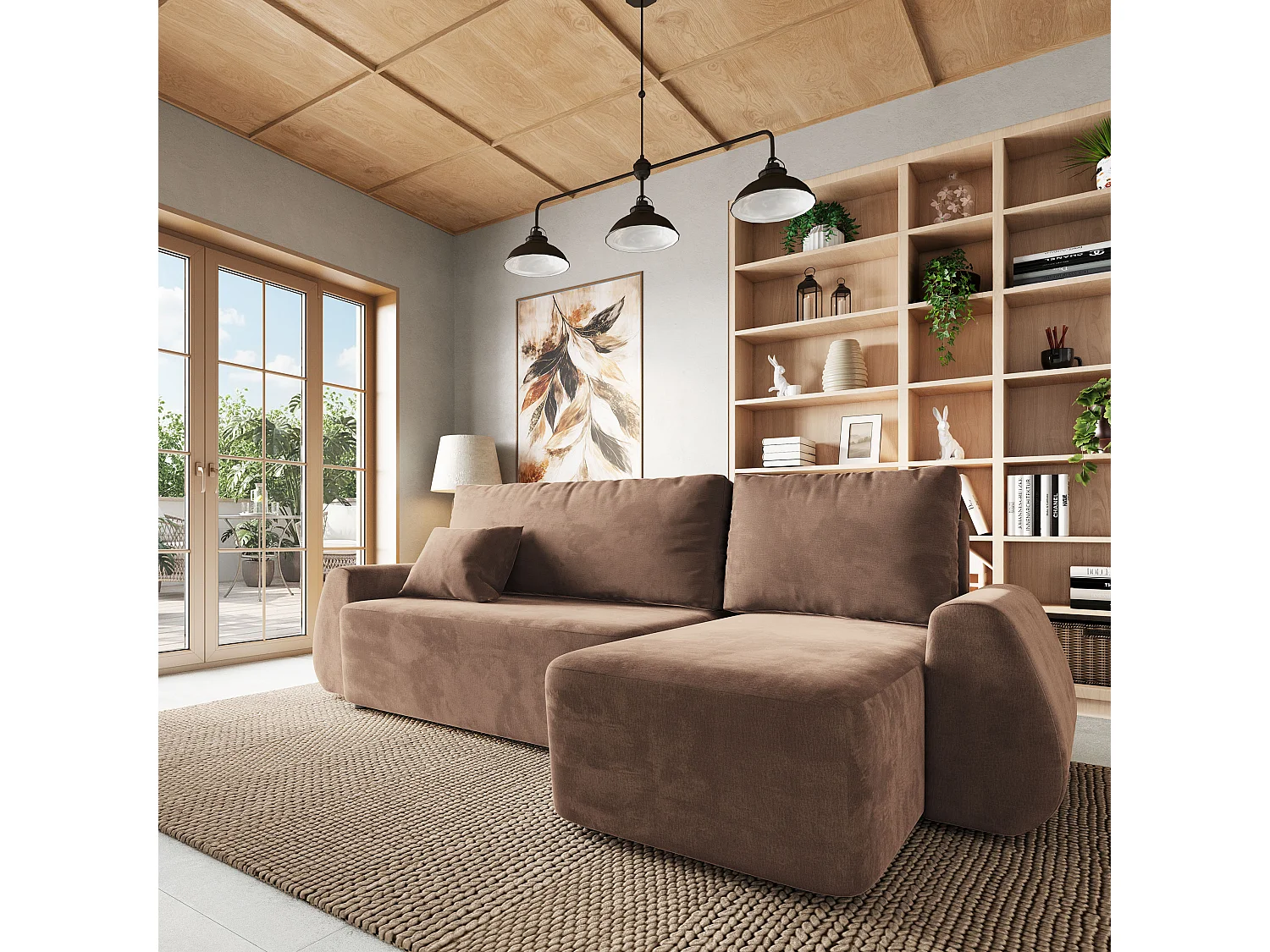 Hoekbank GALVIS, met slaapfunctie, Veloursstof Beige