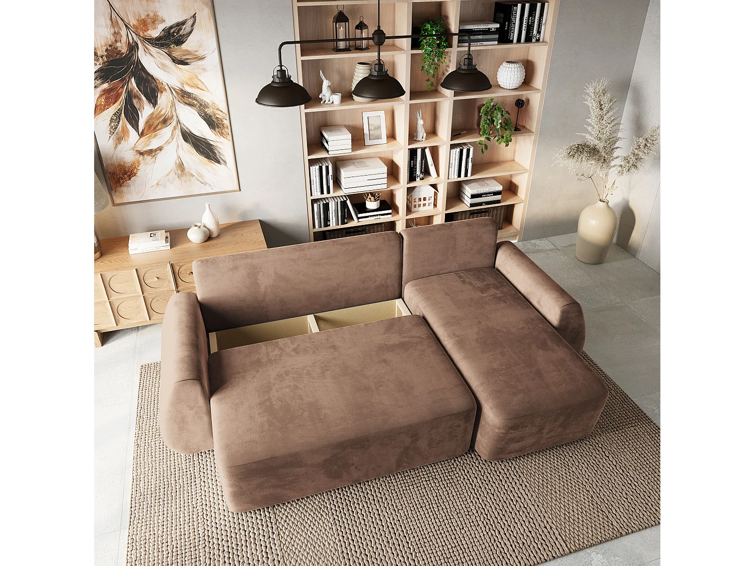 Hoekbank GALVIS, met slaapfunctie, Veloursstof Beige