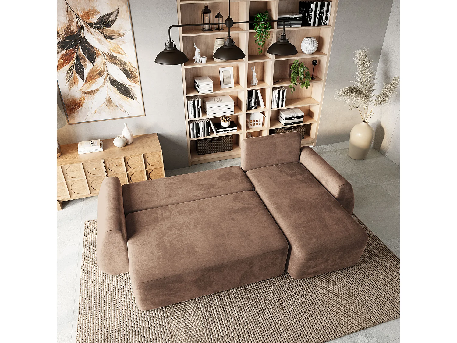 Hoekbank GALVIS, met slaapfunctie, Veloursstof Beige