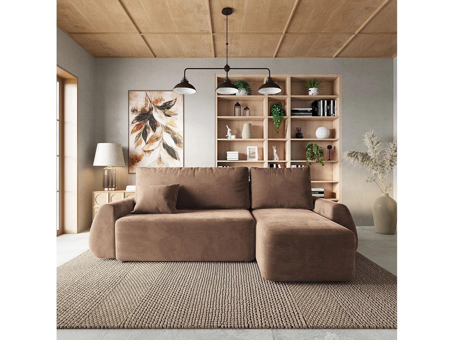 Hoekbank GALVIS, met slaapfunctie, Veloursstof Beige