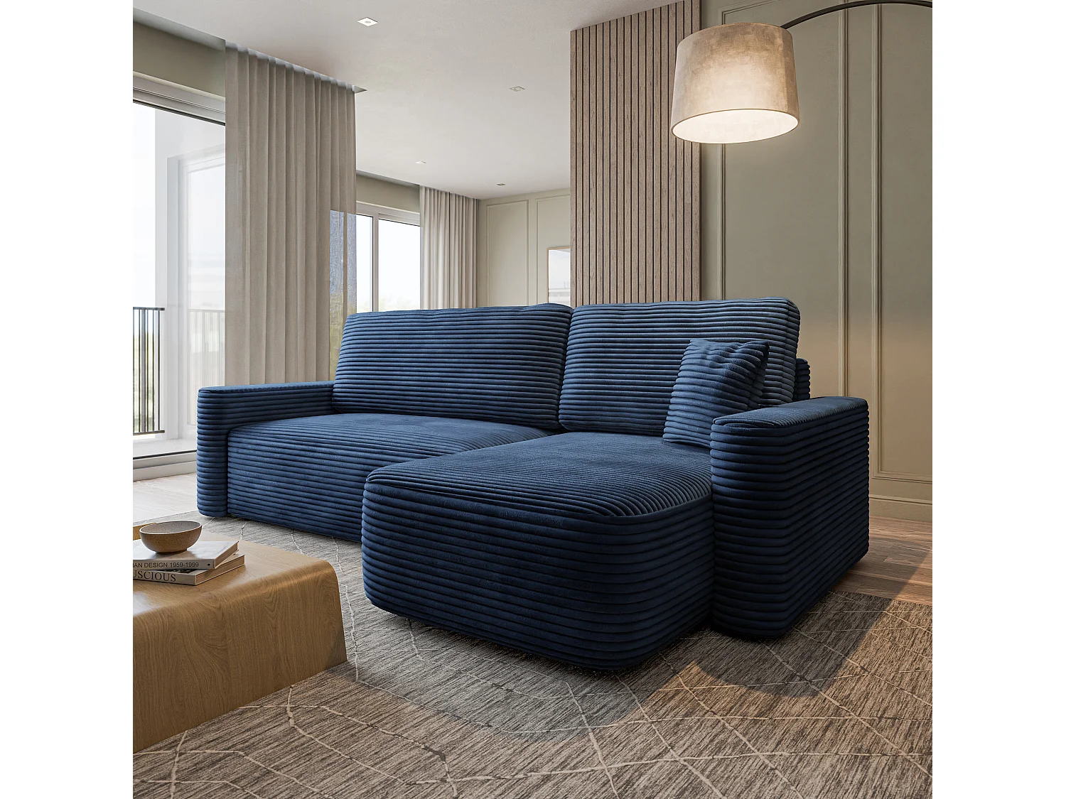 Hoekbank NERI, met slaapfunctie, Cordstof Blauw