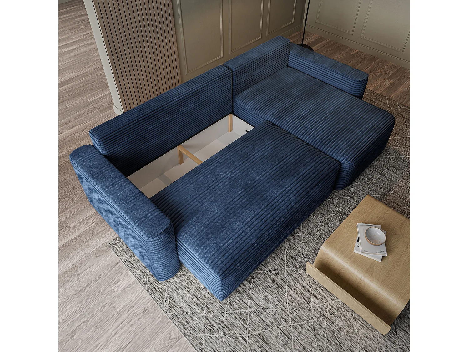 Hoekbank NERI, met slaapfunctie, Cordstof Blauw