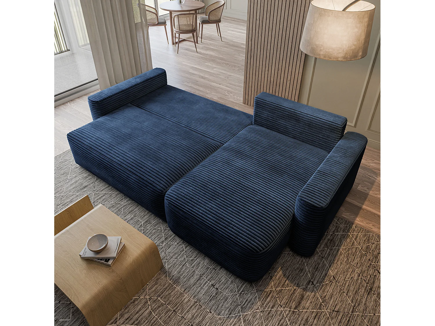 Hoekbank NERI, met slaapfunctie, Cordstof Blauw