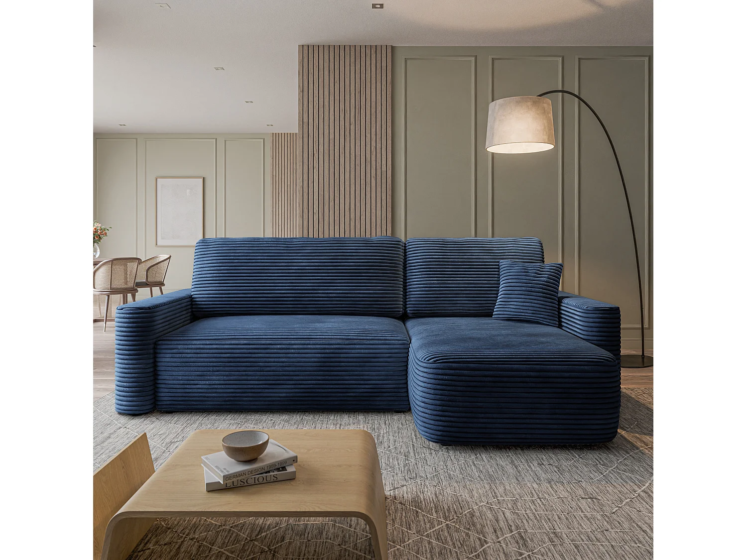 Hoekbank NERI, met slaapfunctie, Cordstof Blauw