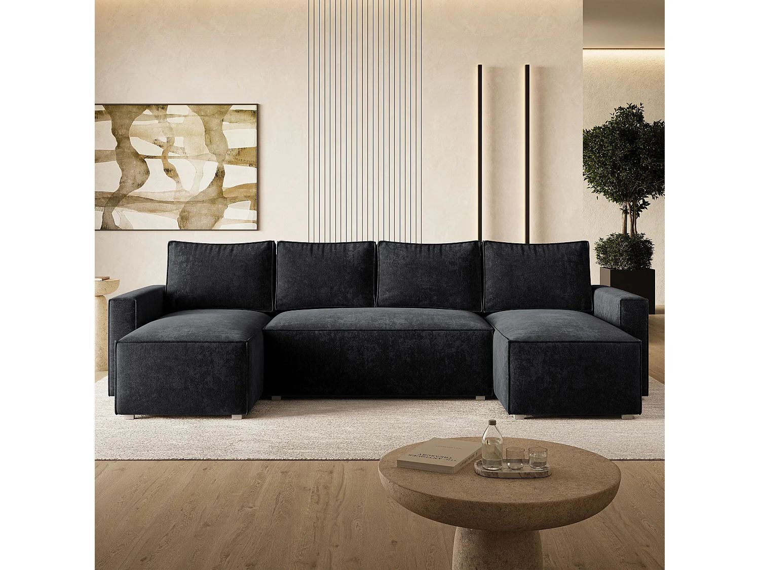 Hoekbank ASPRA, met slaapfunctie, Chenille Zwart