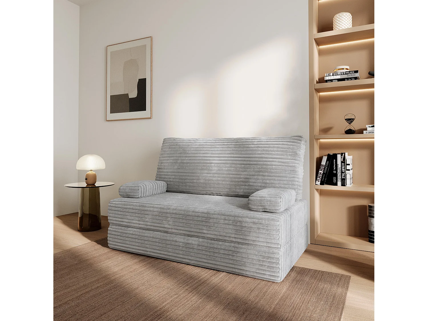 Canapé compressé LADIA sans cadre métallique, Velours côtelé TILIA, Gris clair