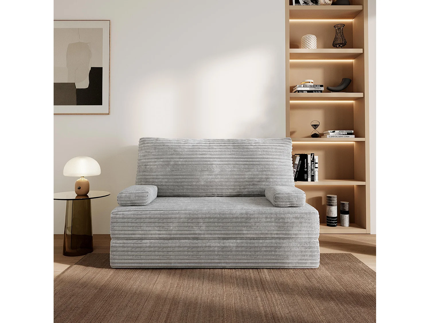 Canapé compressé LADIA sans cadre métallique, Velours côtelé TILIA, Gris clair