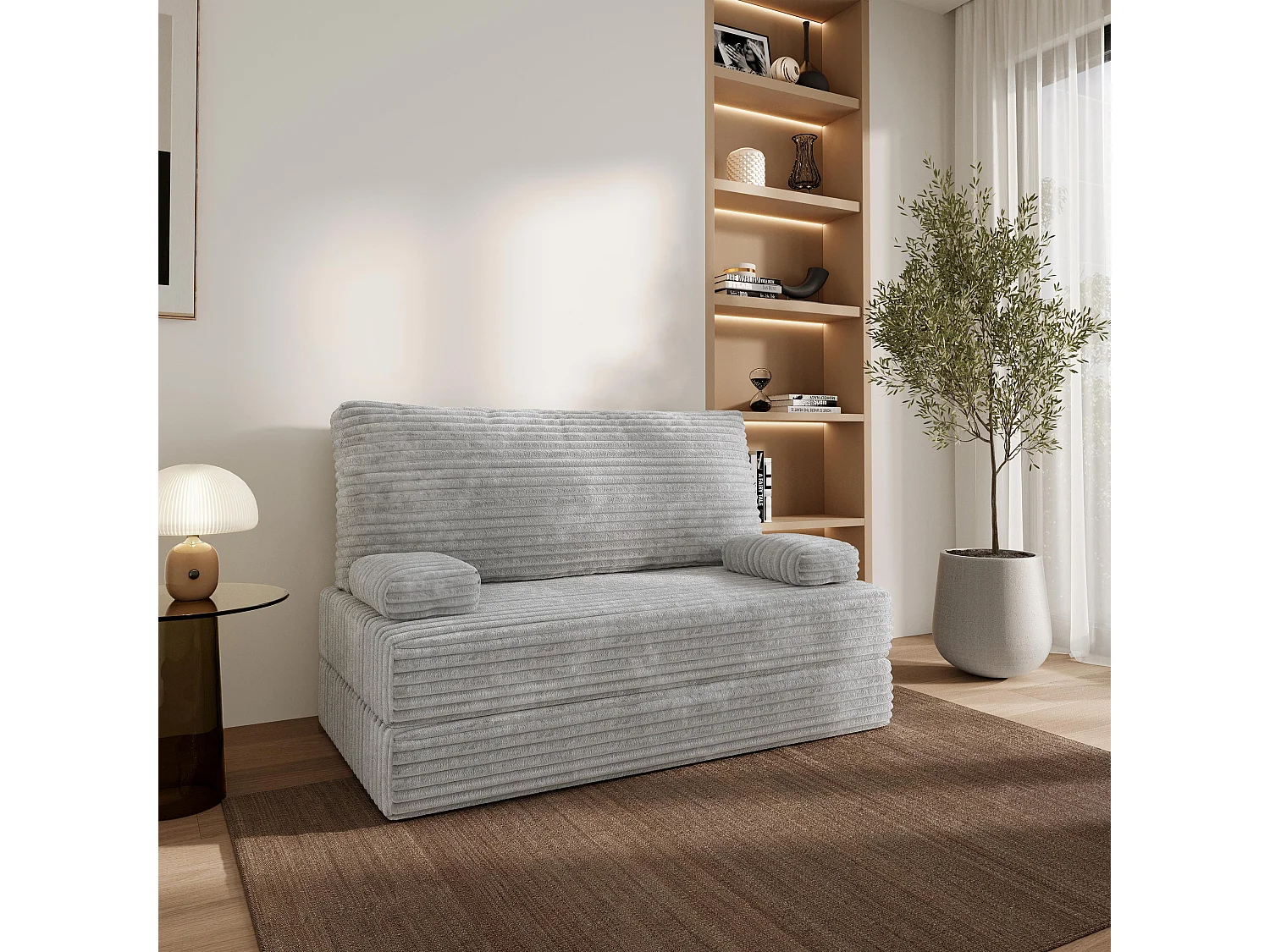 Canapé compressé LADIA sans cadre métallique, Velours côtelé TILIA, Gris clair
