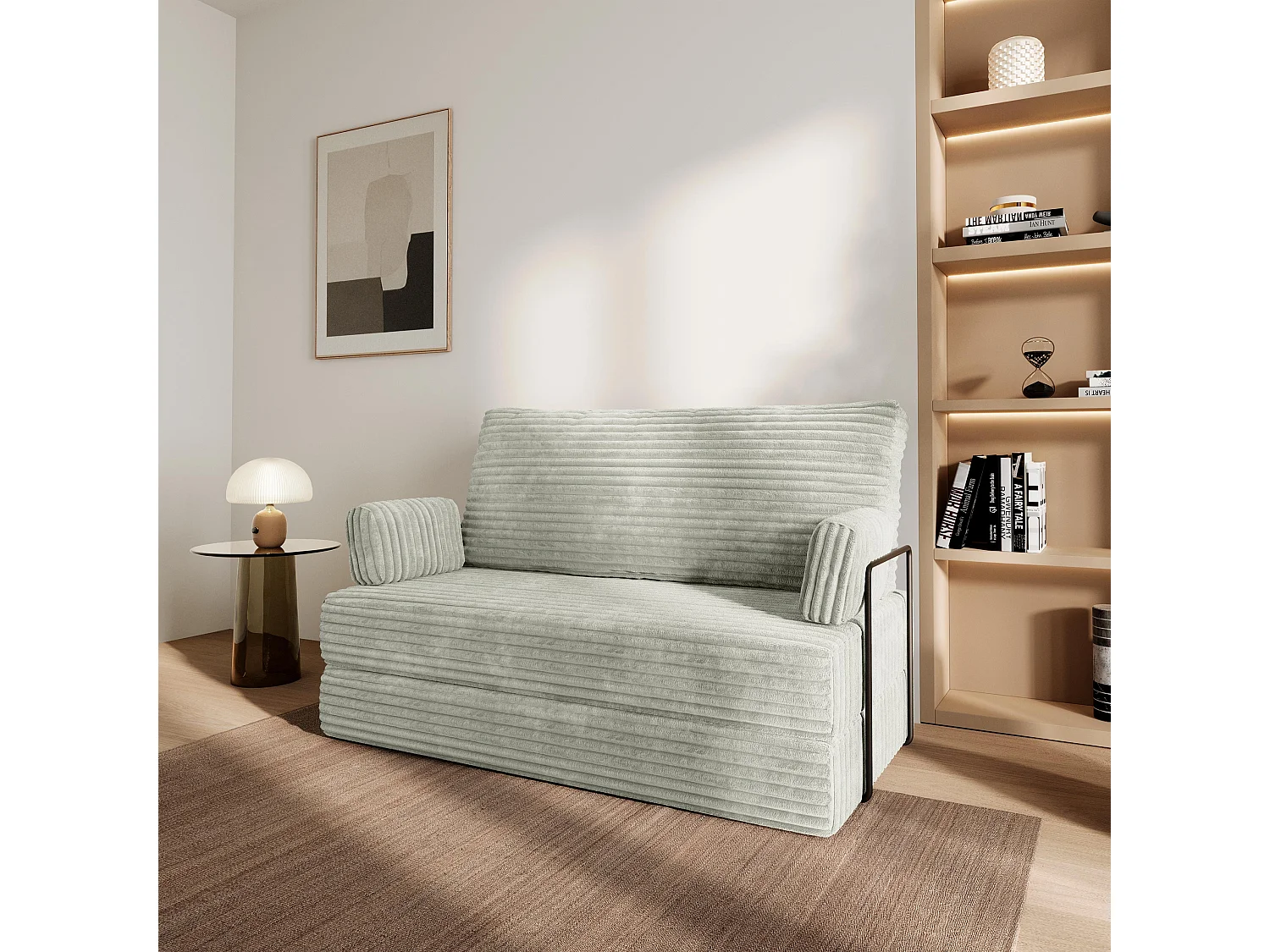 Canapé compressé LADIA avec cadre métallique, Velours côtelé TILIA, Gris clair