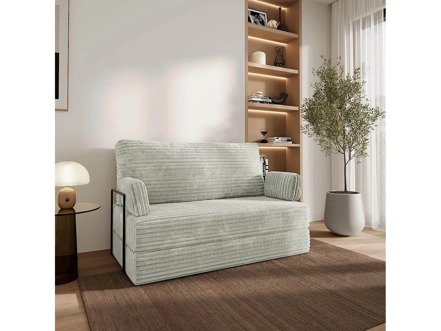 Canapé compressé LADIA avec cadre métallique, Velours côtelé TILIA, Gris clair