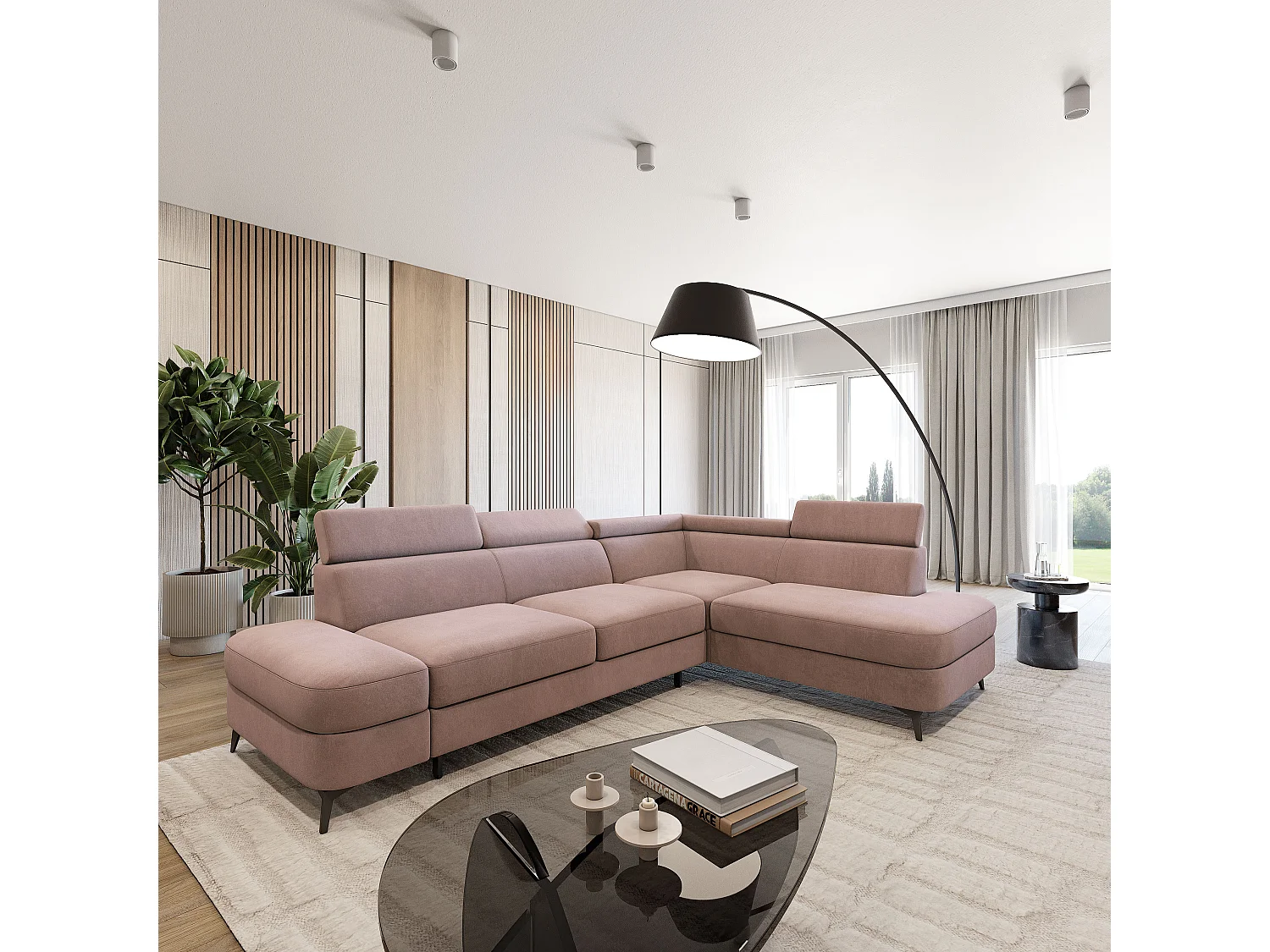 Hoekbank AVISE, met slaapfunctie, Veloursstof Roze