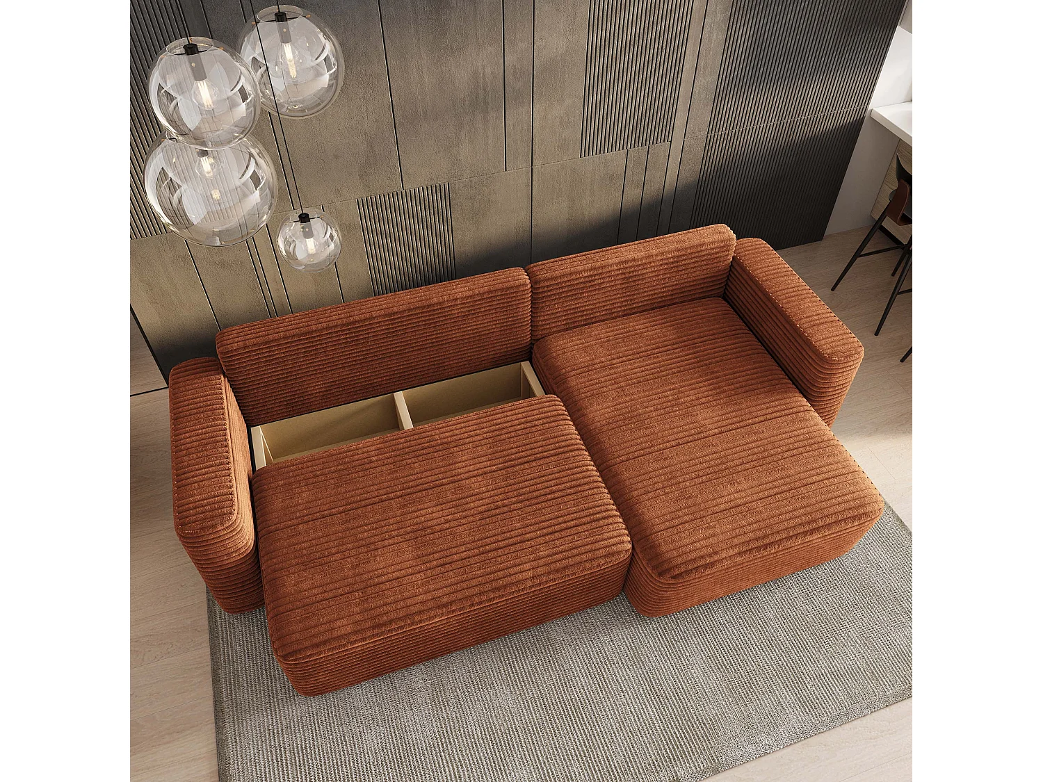 Hoekbank TELIN, met slaapfunctie, Cordstof Bruin