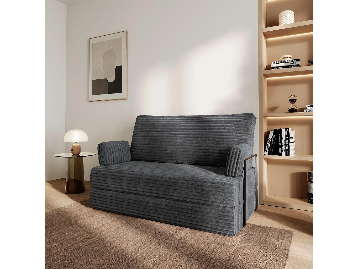 Canapé compressé LADIA avec cadre métallique, Velours côtelé TILIA, Anthracite
