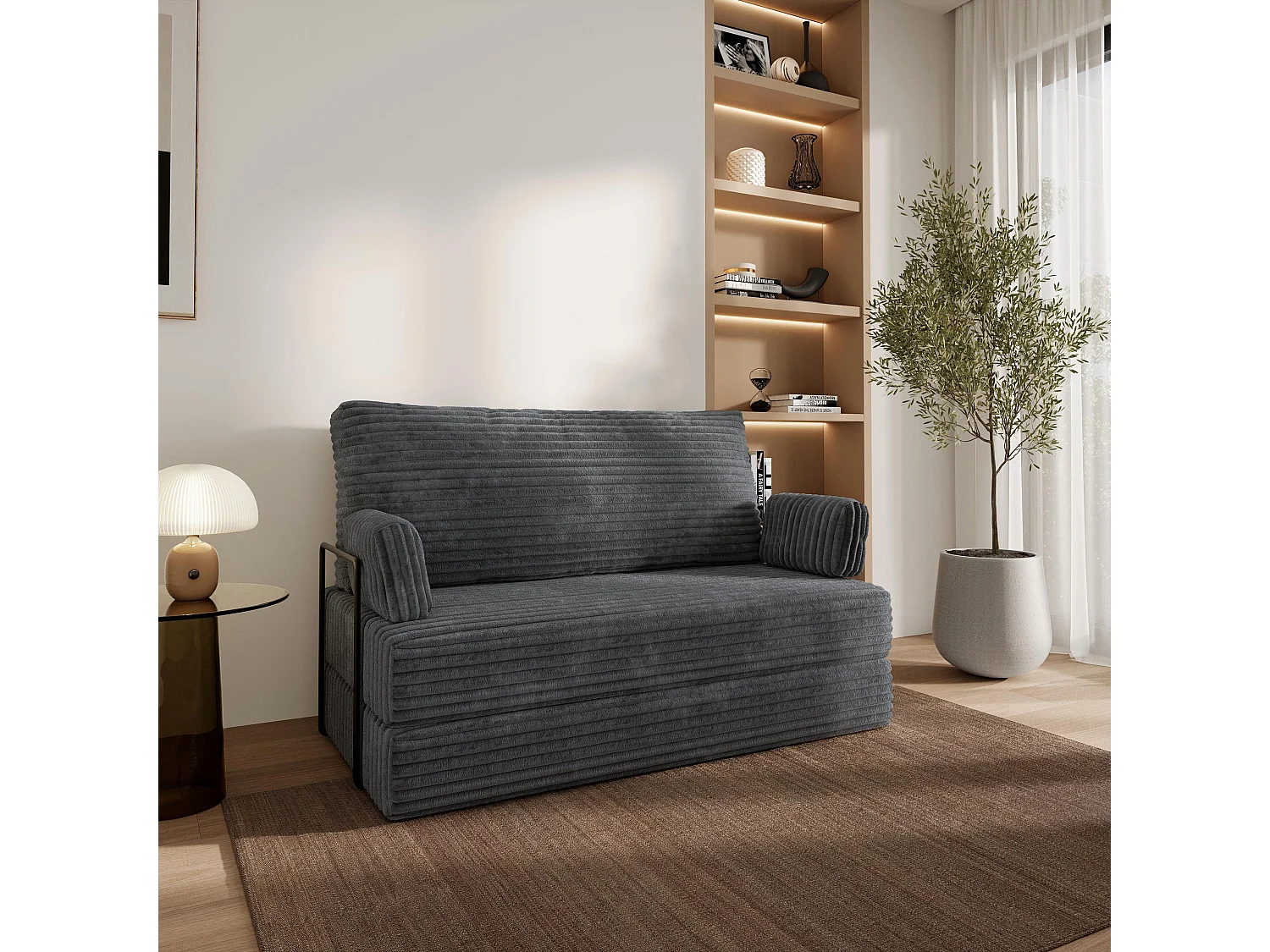 Canapé compressé LADIA avec cadre métallique, Velours côtelé TILIA, Anthracite