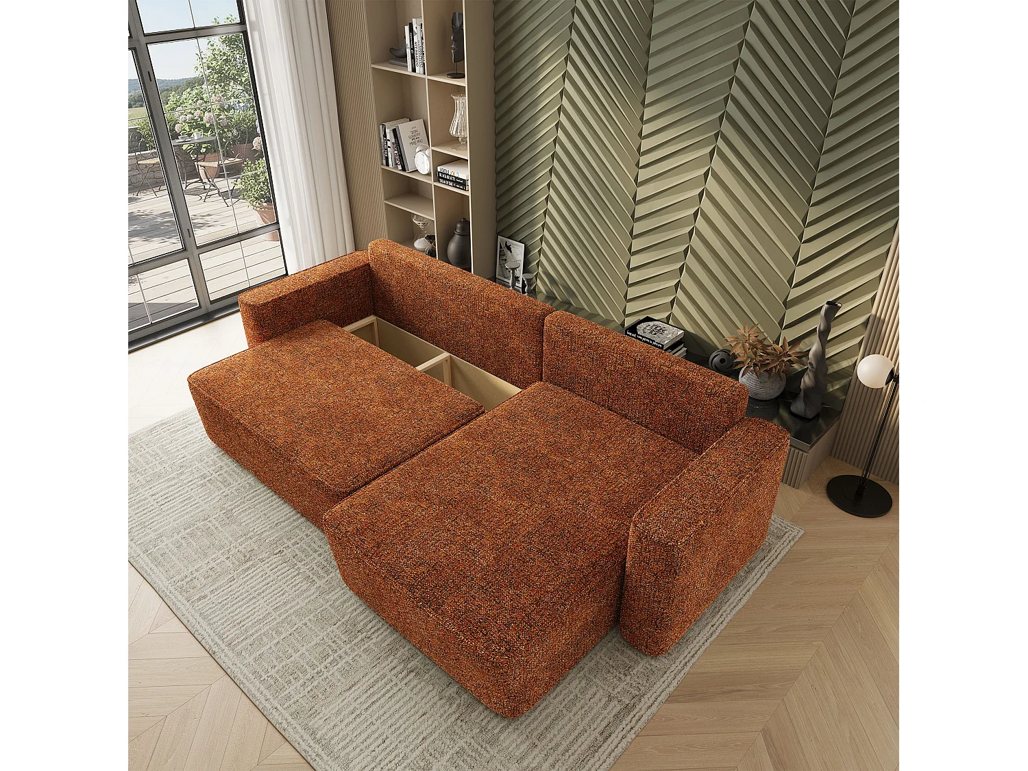 Hoekbank BELARO, met slaapfunctie, Chenille Oranje