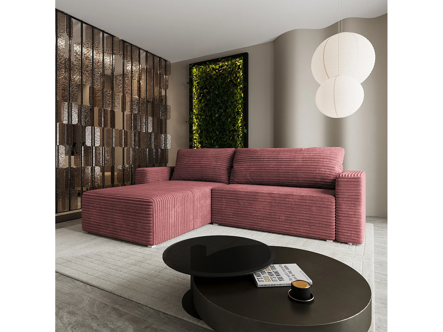 Hoekbank CALTI, met slaapfunctie, Cordstof Roze