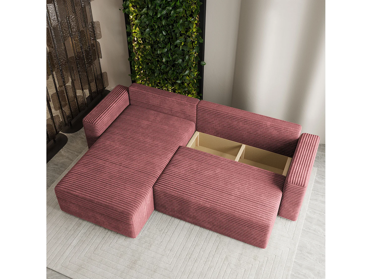 Hoekbank CALTI, met slaapfunctie, Cordstof Roze