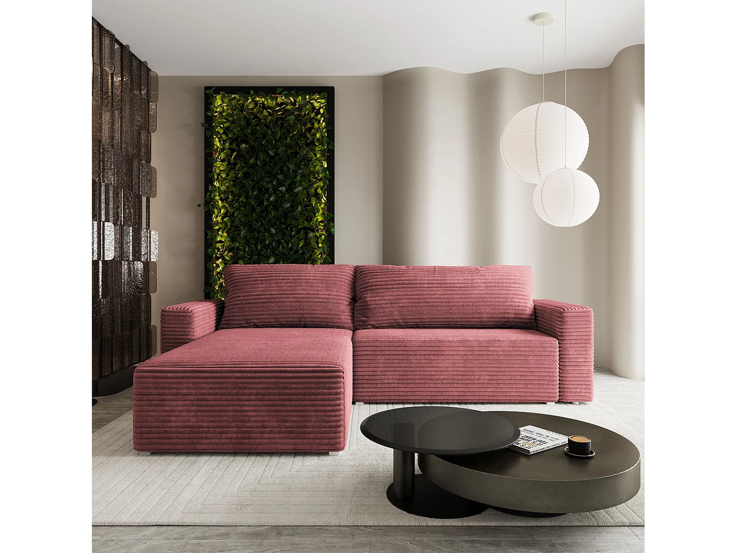 Hoekbank CALTI, met slaapfunctie, Cordstof Roze