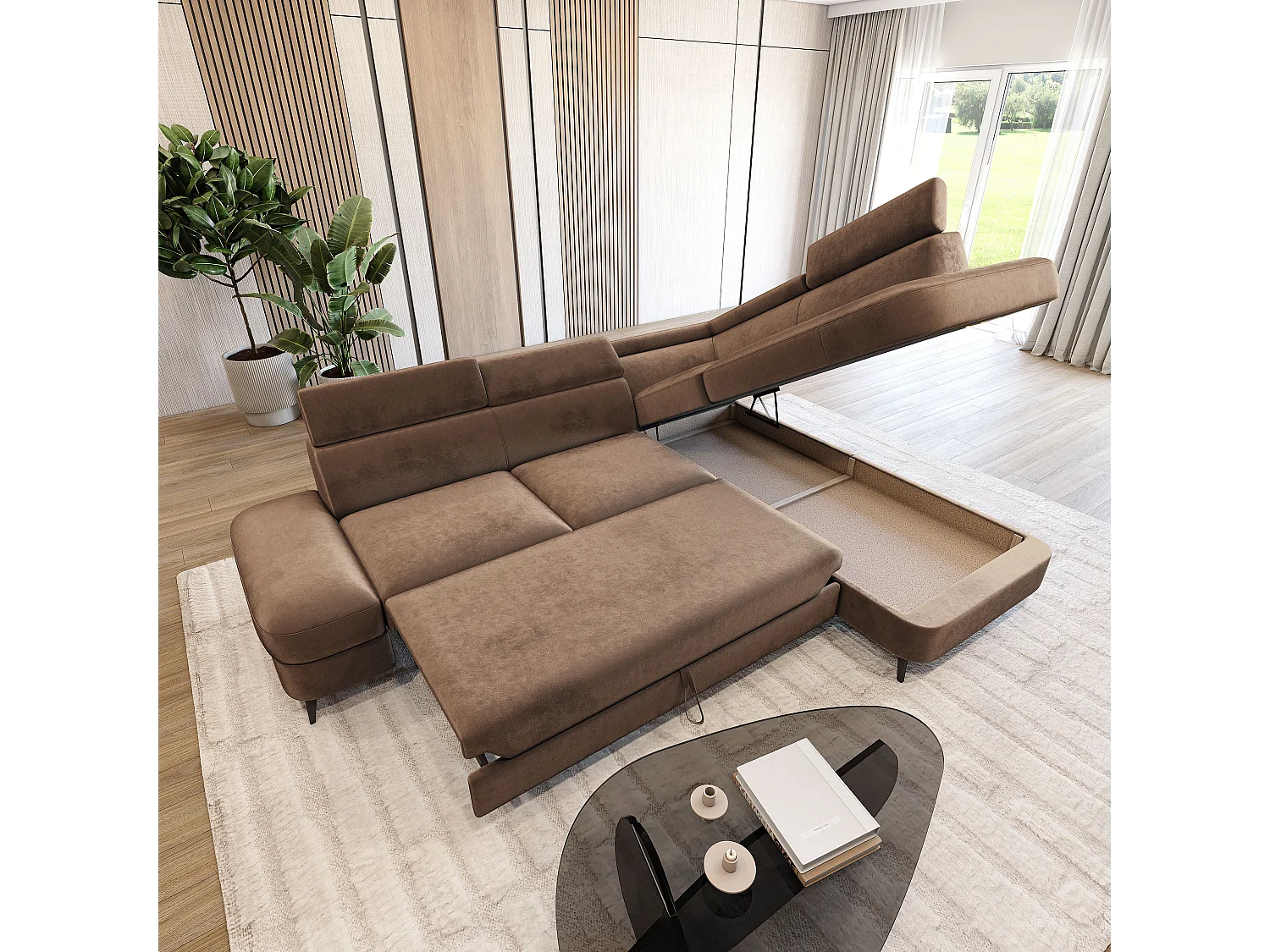 Hoekbank AVISE, met slaapfunctie, Veloursstof Beige