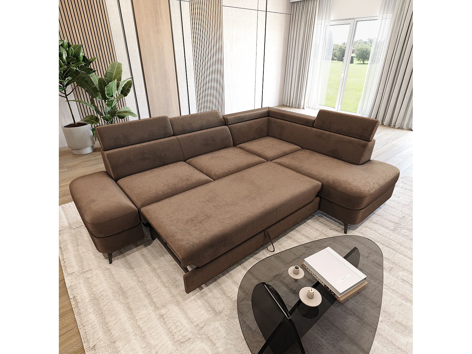 Hoekbank AVISE, met slaapfunctie, Veloursstof Beige