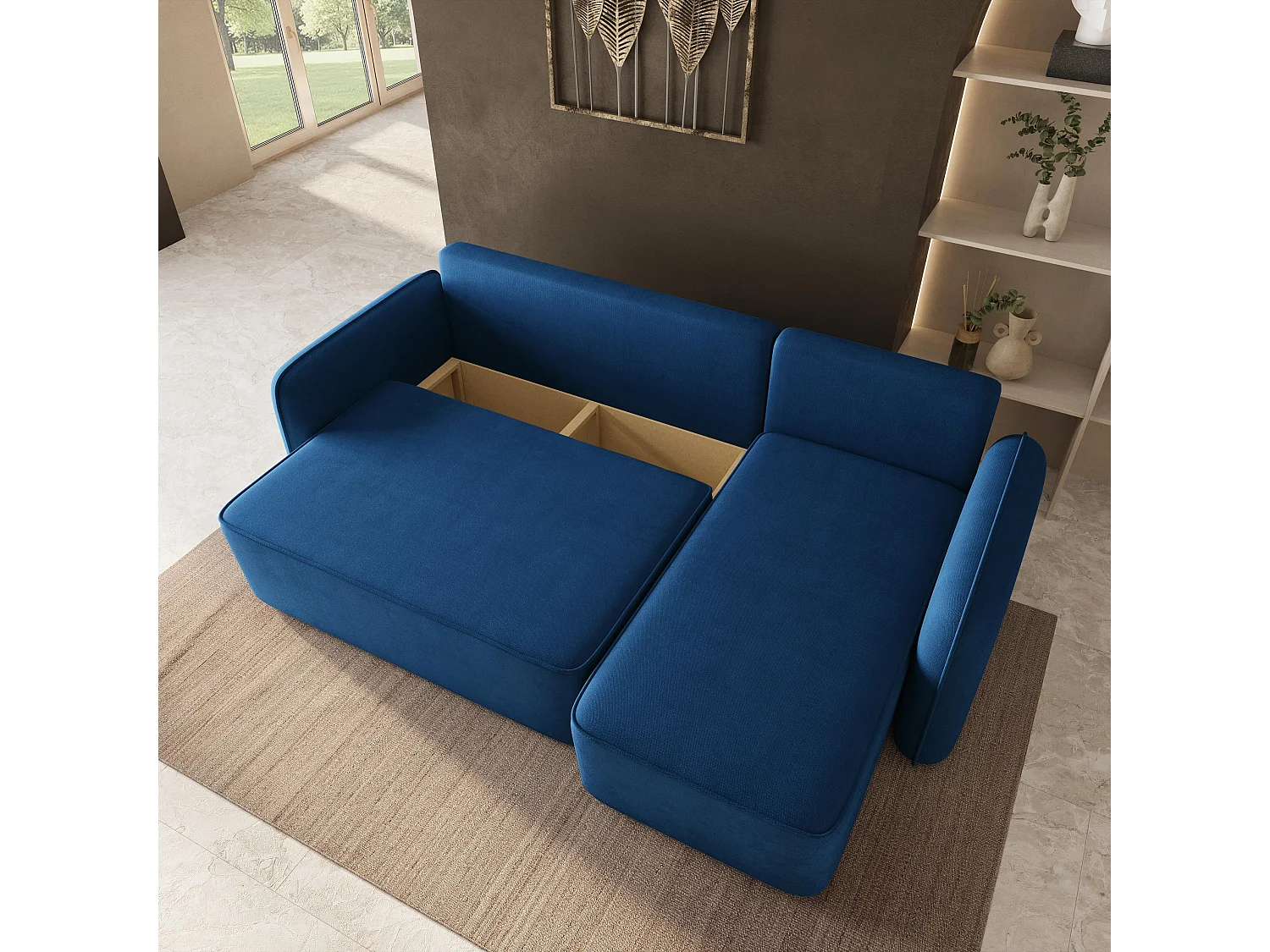 Hoekbank DOLVER, met slaapfunctie, Pluche stof Blauw