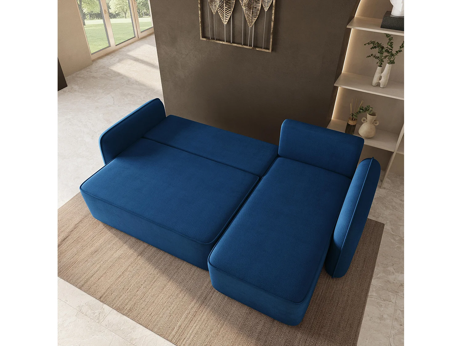 Hoekbank DOLVER, met slaapfunctie, Pluche stof Blauw