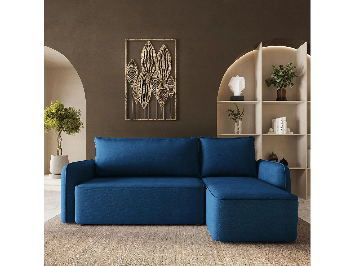 Hoekbank DOLVER, met slaapfunctie, Pluche stof Blauw
