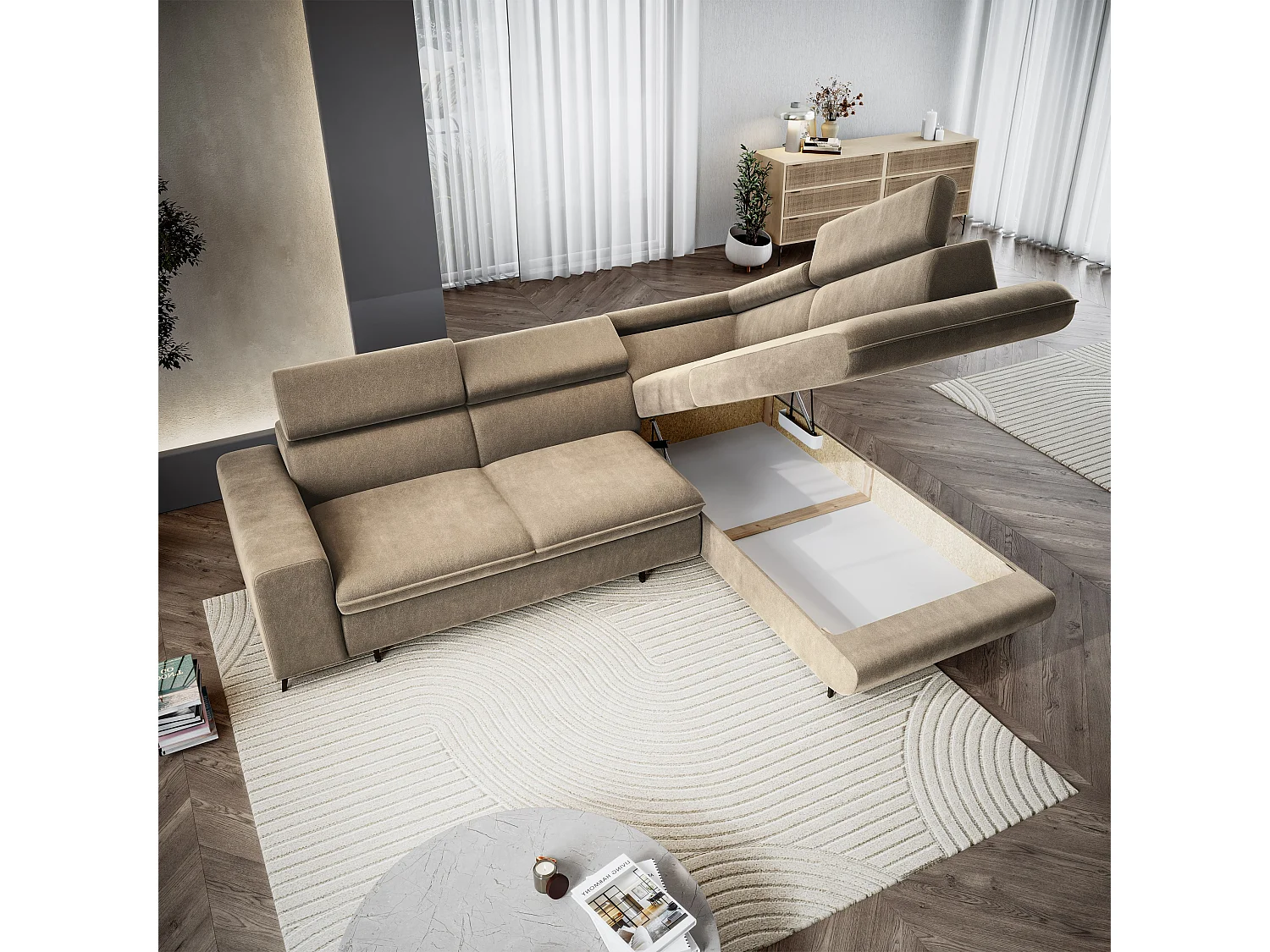 Hoekbank VELISS, met slaapfunctie, Fluweelstof Beige