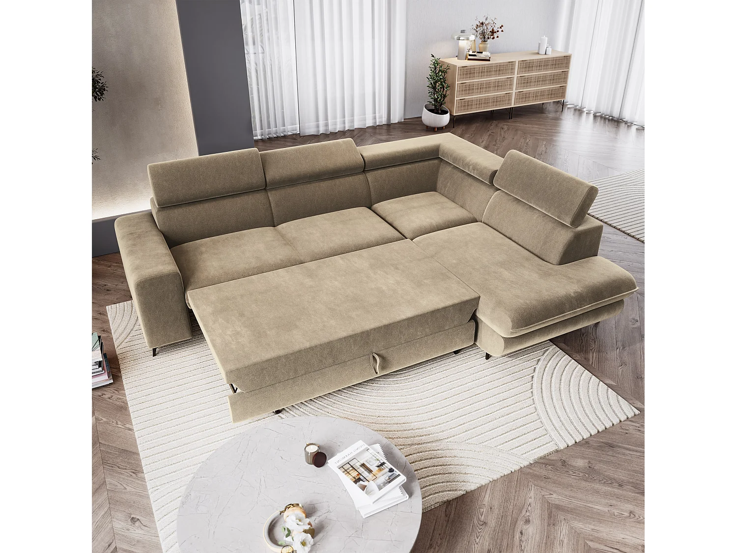 Hoekbank VELISS, met slaapfunctie, Fluweelstof Beige