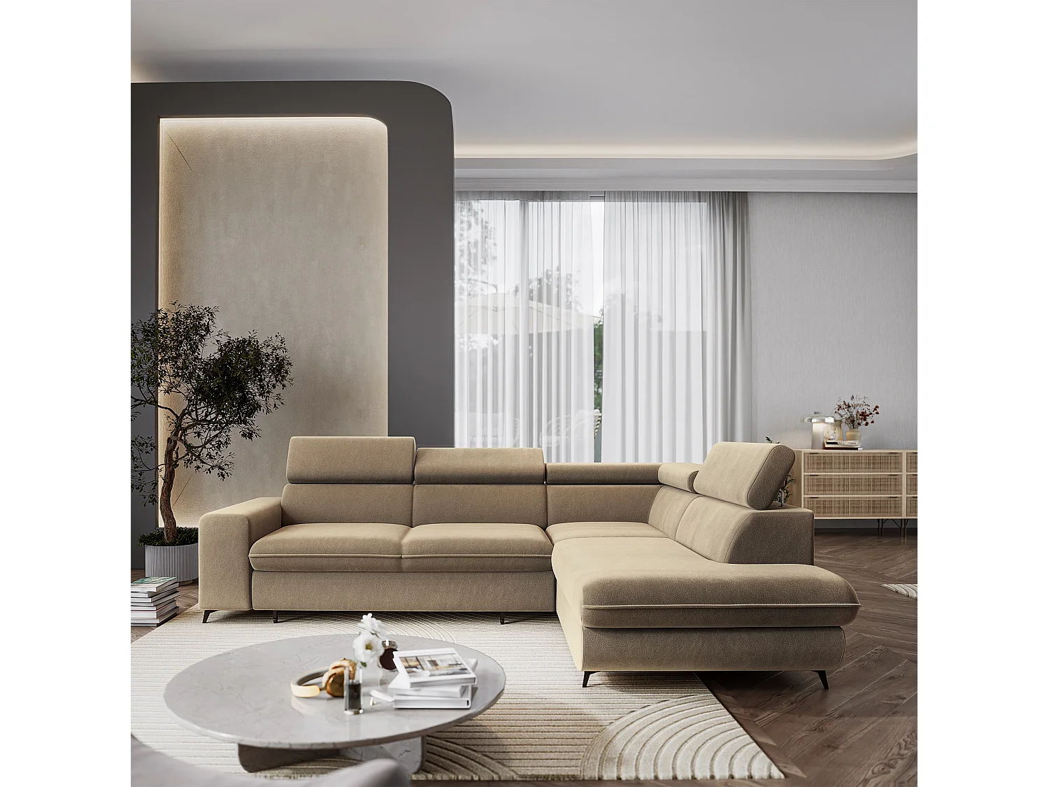 Hoekbank VELISS, met slaapfunctie, Fluweelstof Beige