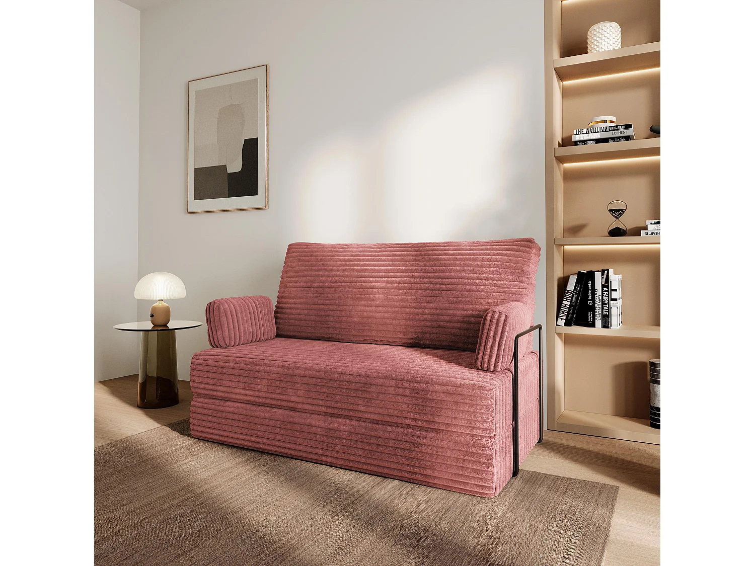 Canapé compressé LADIA avec cadre métallique, Velours côtelé TILIA, Rose poudré