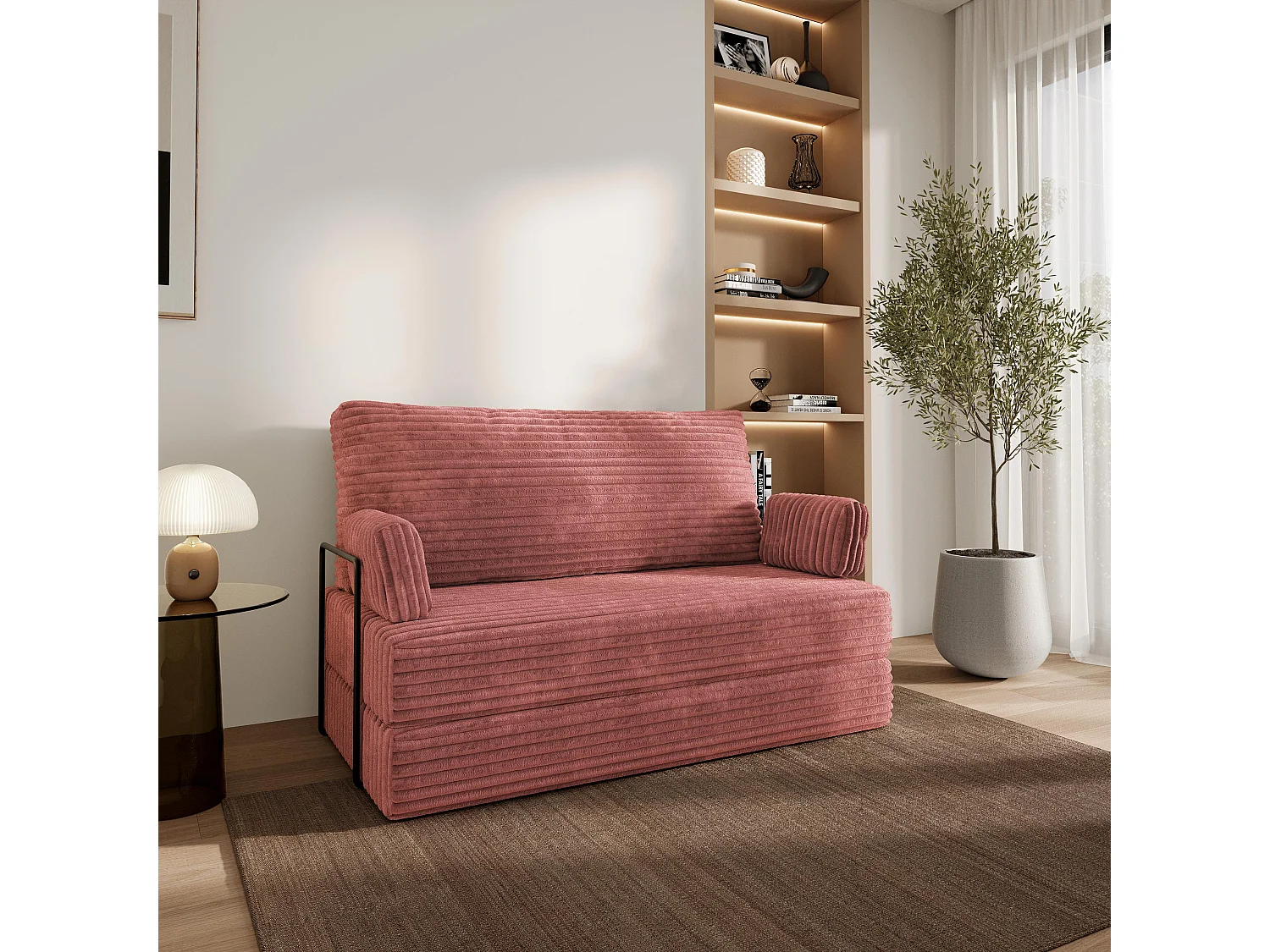 Canapé compressé LADIA avec cadre métallique, Velours côtelé TILIA, Rose poudré