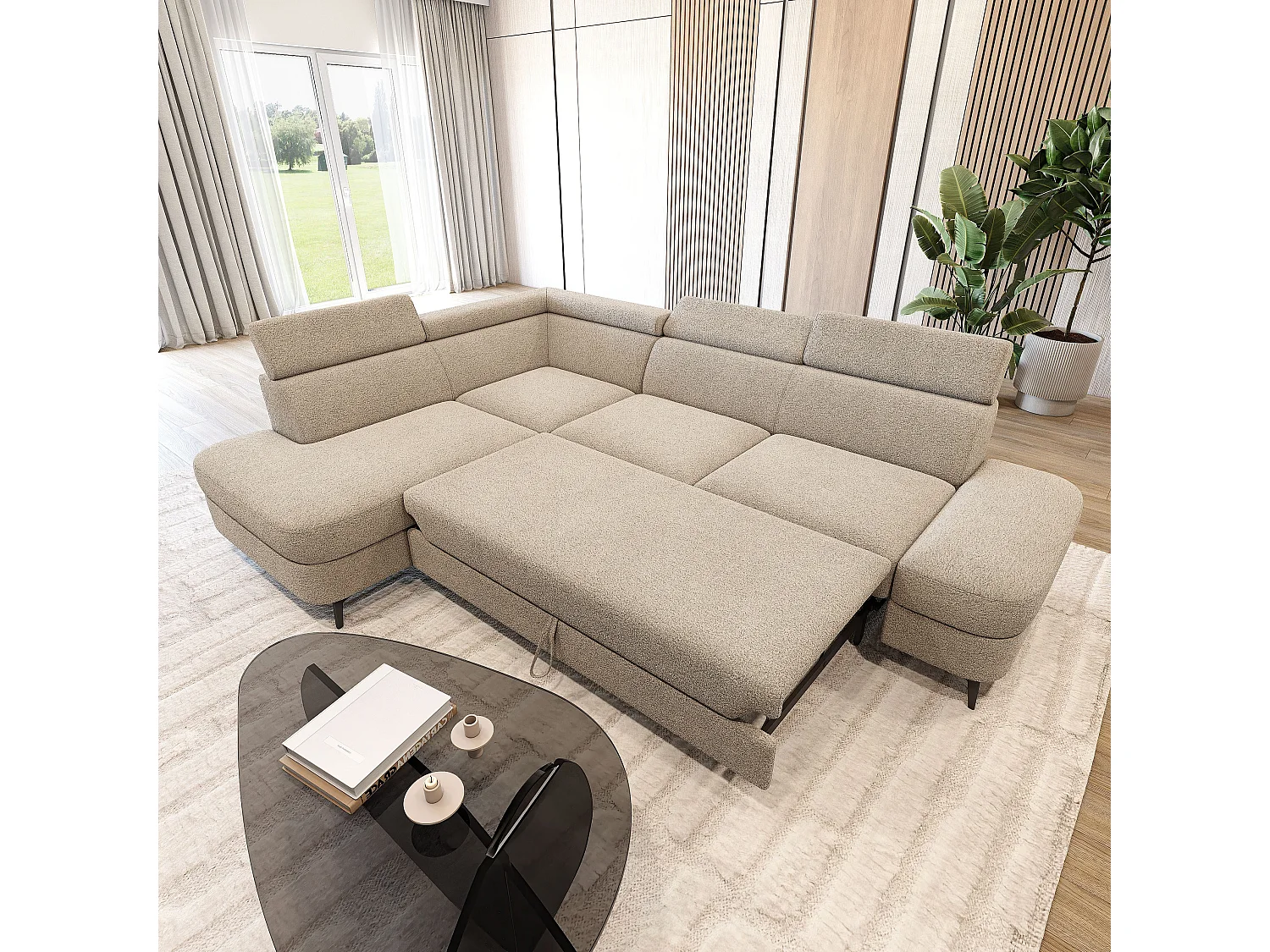 Hoekbank AVISE, met slaapfunctie, Boucléstof Beige