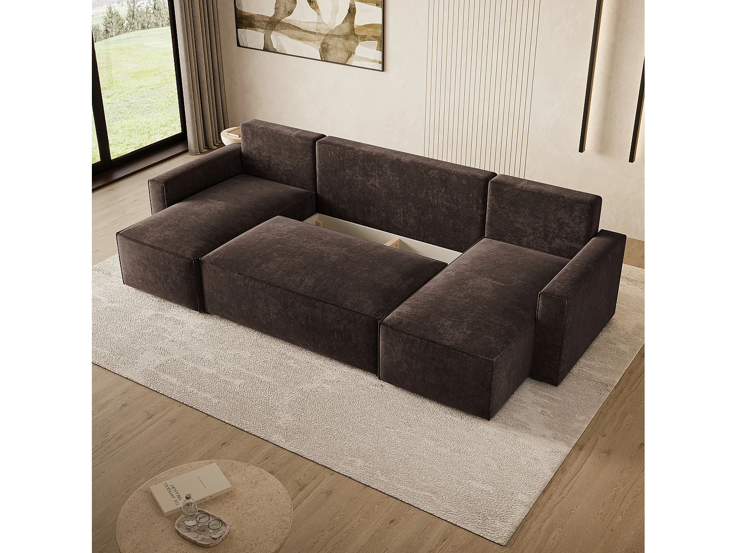 Hoekbank ASPRA, met slaapfunctie, Chenille Bruin