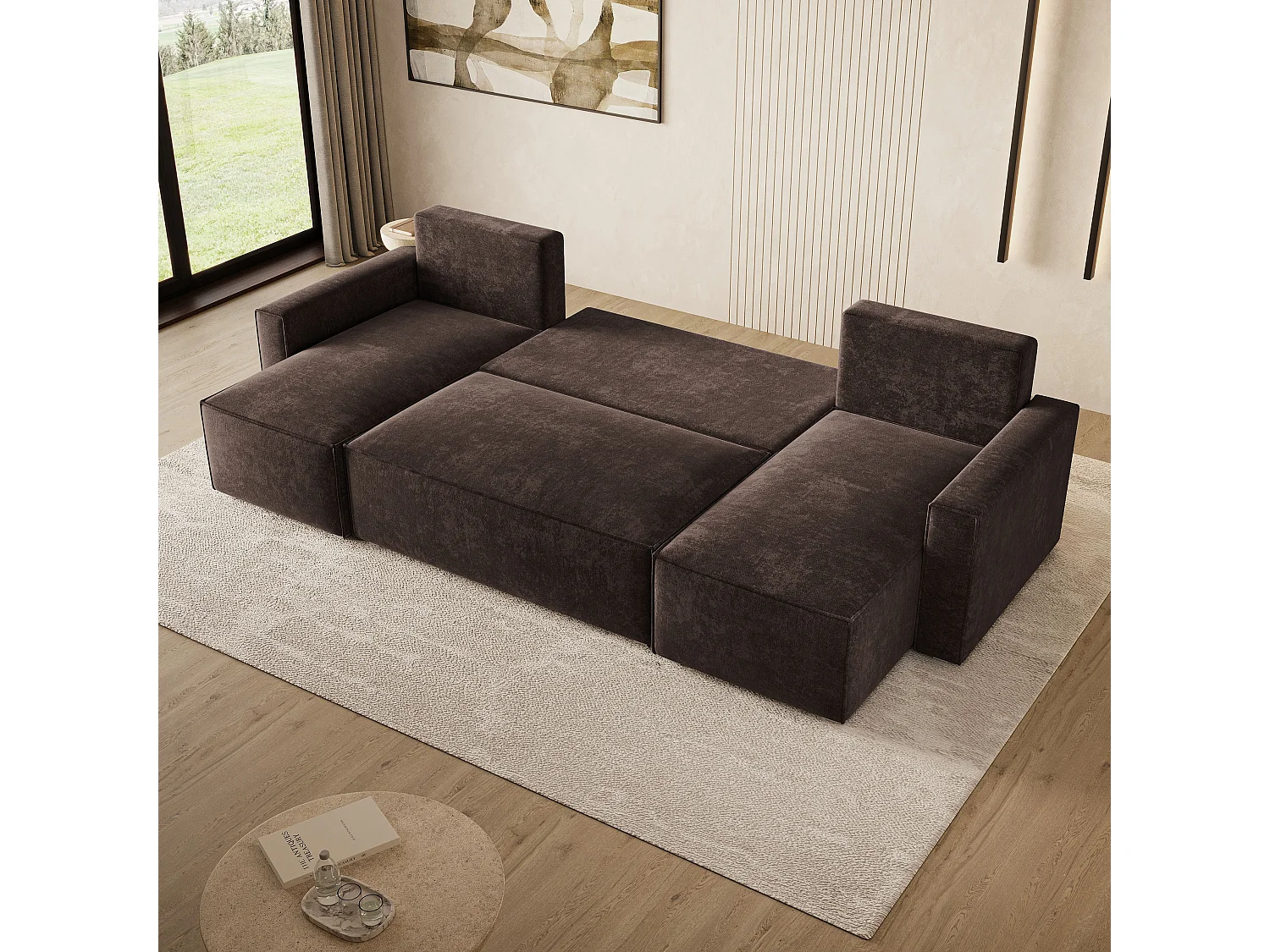 Hoekbank ASPRA, met slaapfunctie, Chenille Bruin