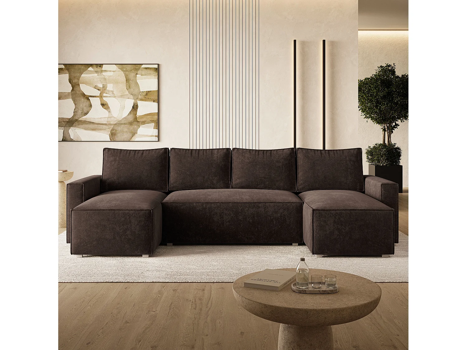 Hoekbank ASPRA, met slaapfunctie, Chenille Bruin