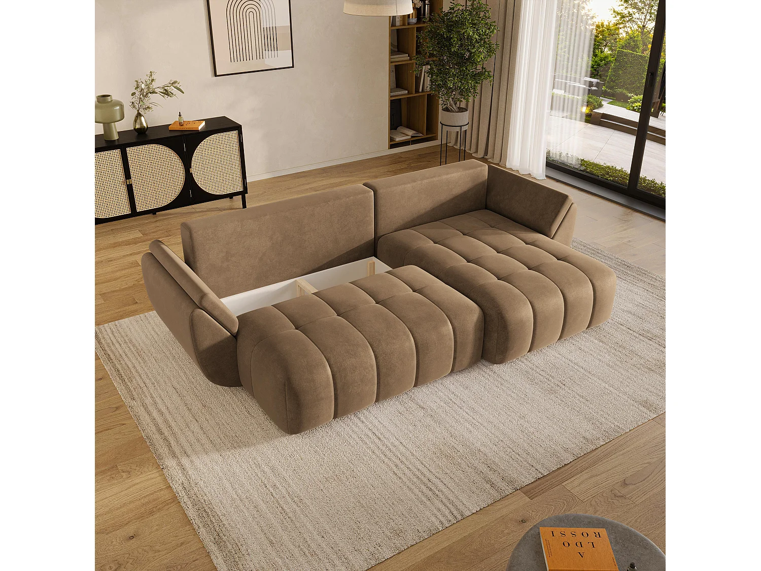 Hoekbank OLSI, met slaapfunctie, Veloursstof Beige