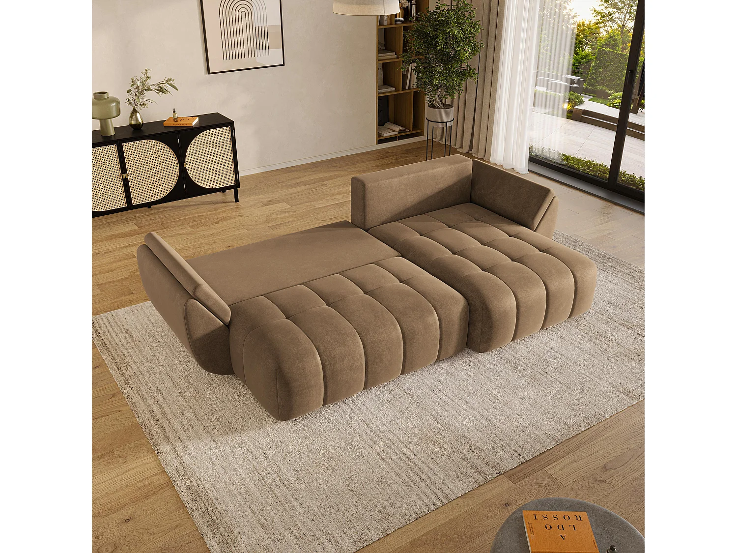 Hoekbank OLSI, met slaapfunctie, Veloursstof Beige