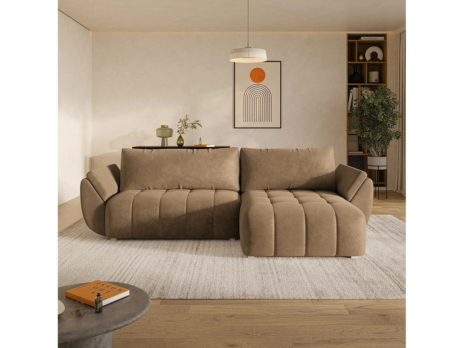 Hoekbank OLSI, met slaapfunctie, Veloursstof Beige