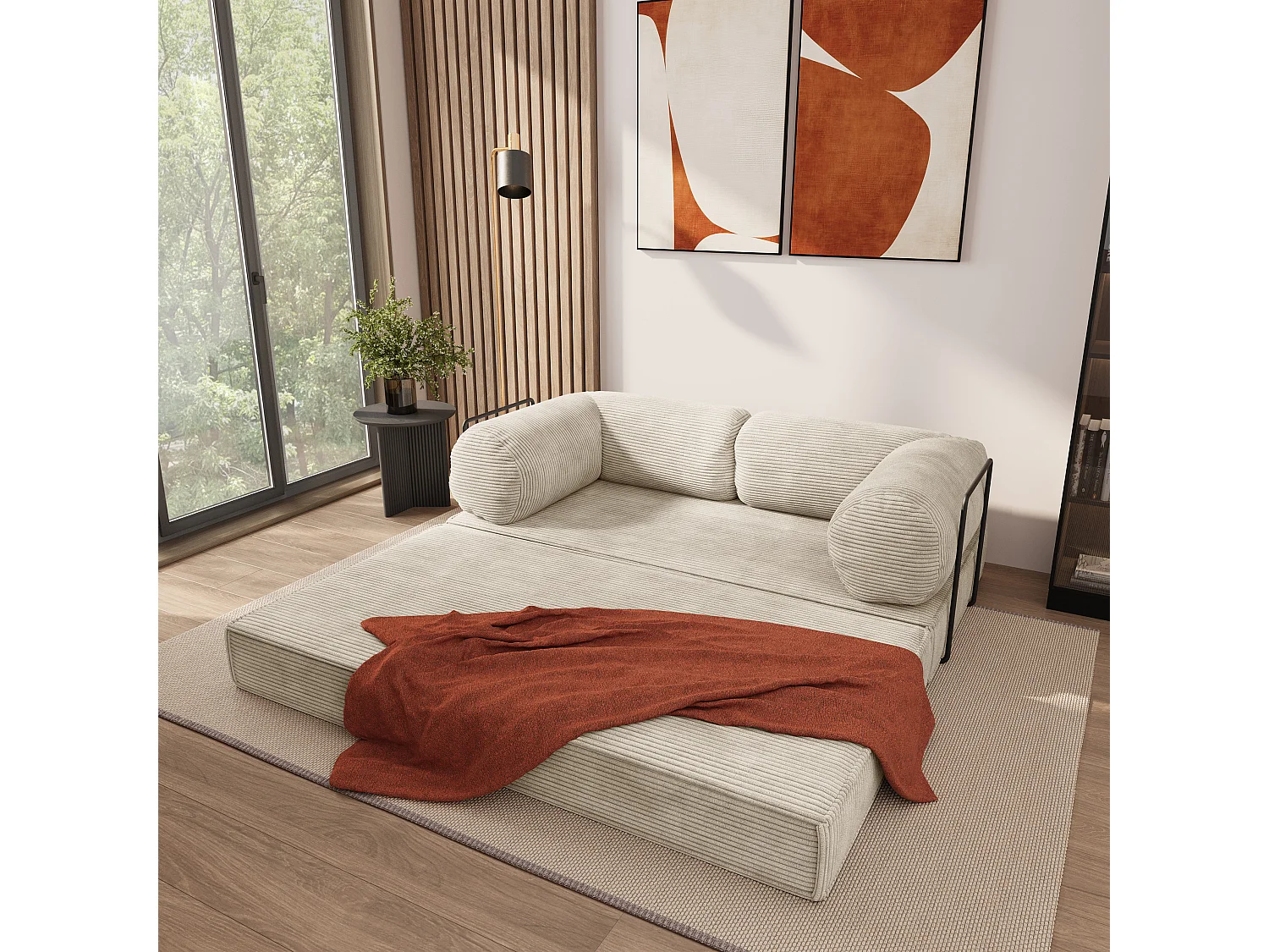 Canapé compressé ALVIO avec cadre métallique, Velours côtelé POSO, Crème