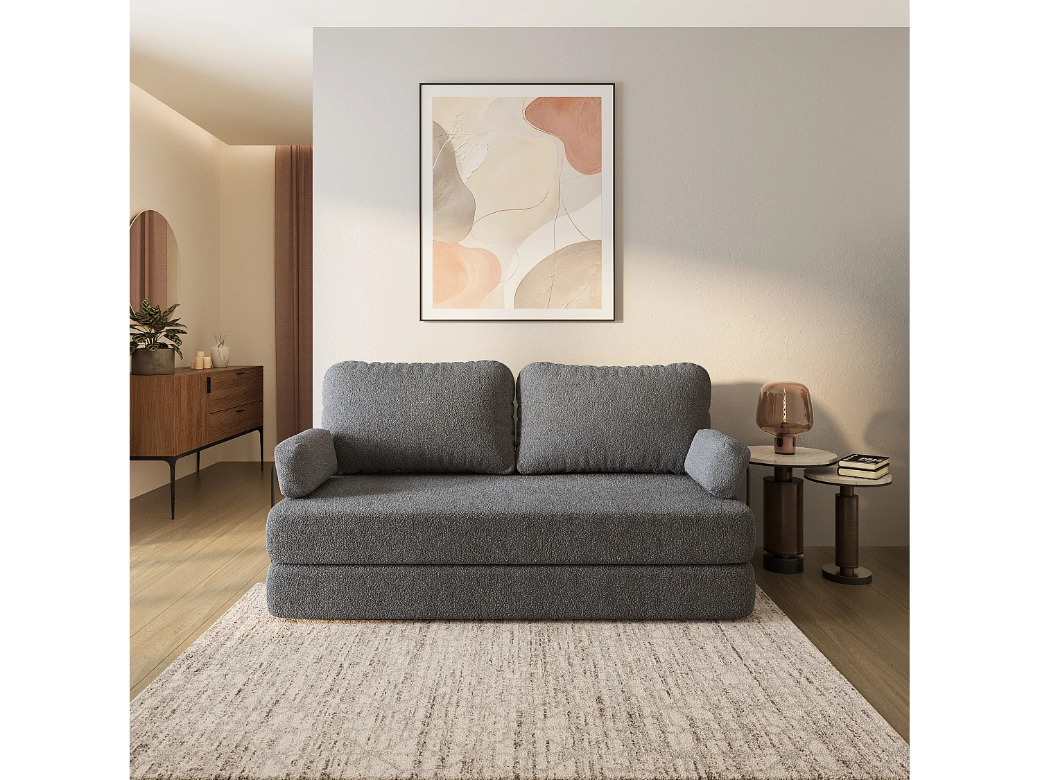 Canapé compressé NIKSI avec cadre métallique, Tissu bouclé, Gris