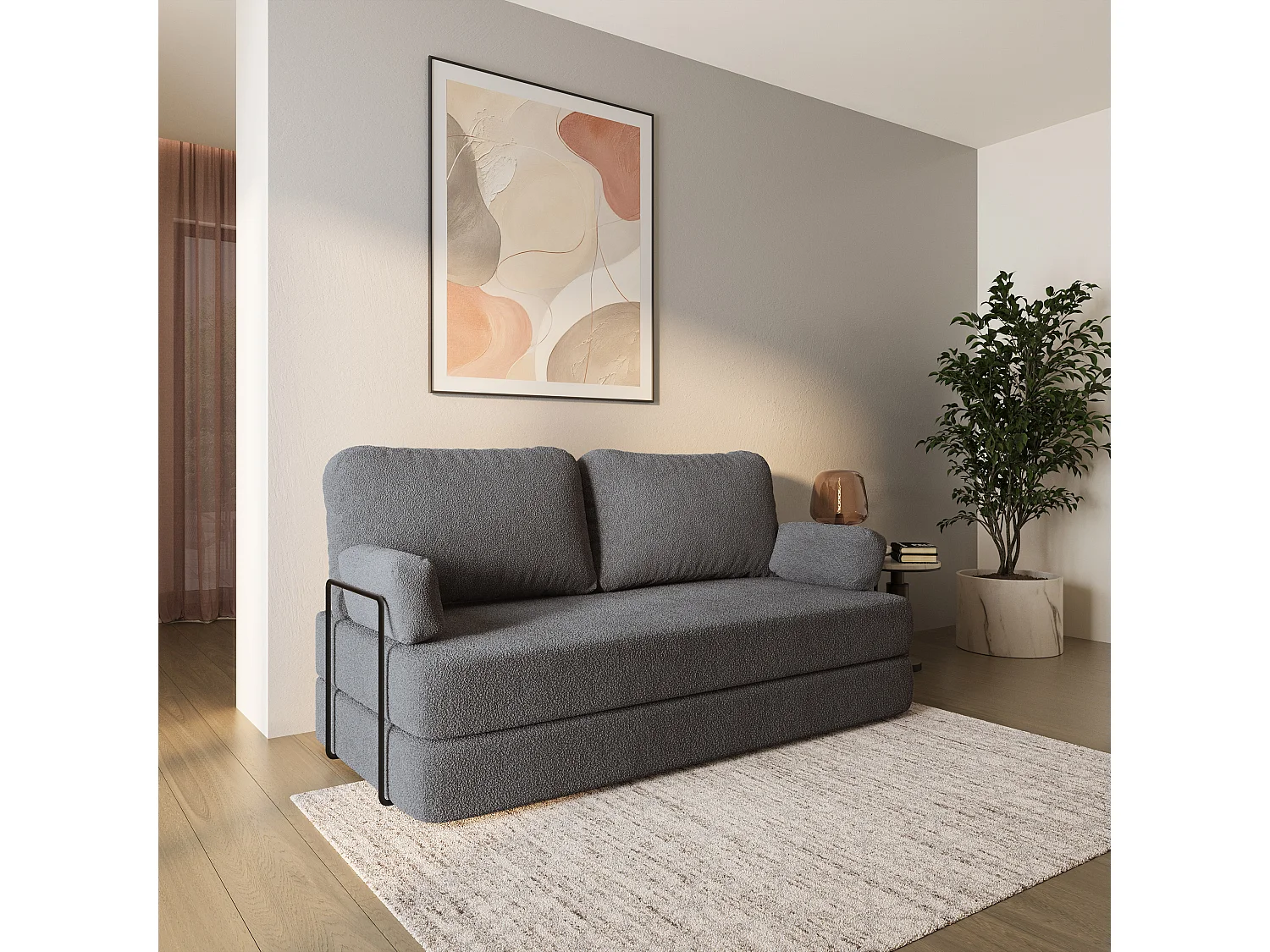 Canapé compressé NIKSI avec cadre métallique, Tissu bouclé, Gris